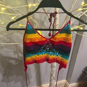 Crochet halter top multi color great festival top neck and back tied